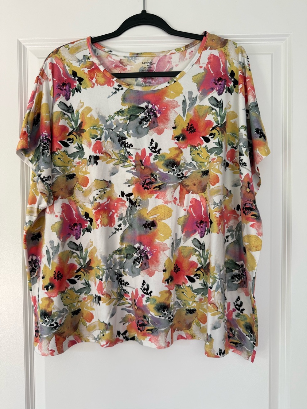 George White Short-Sleeve Floral Tee with Pink, Yellow & Green Print